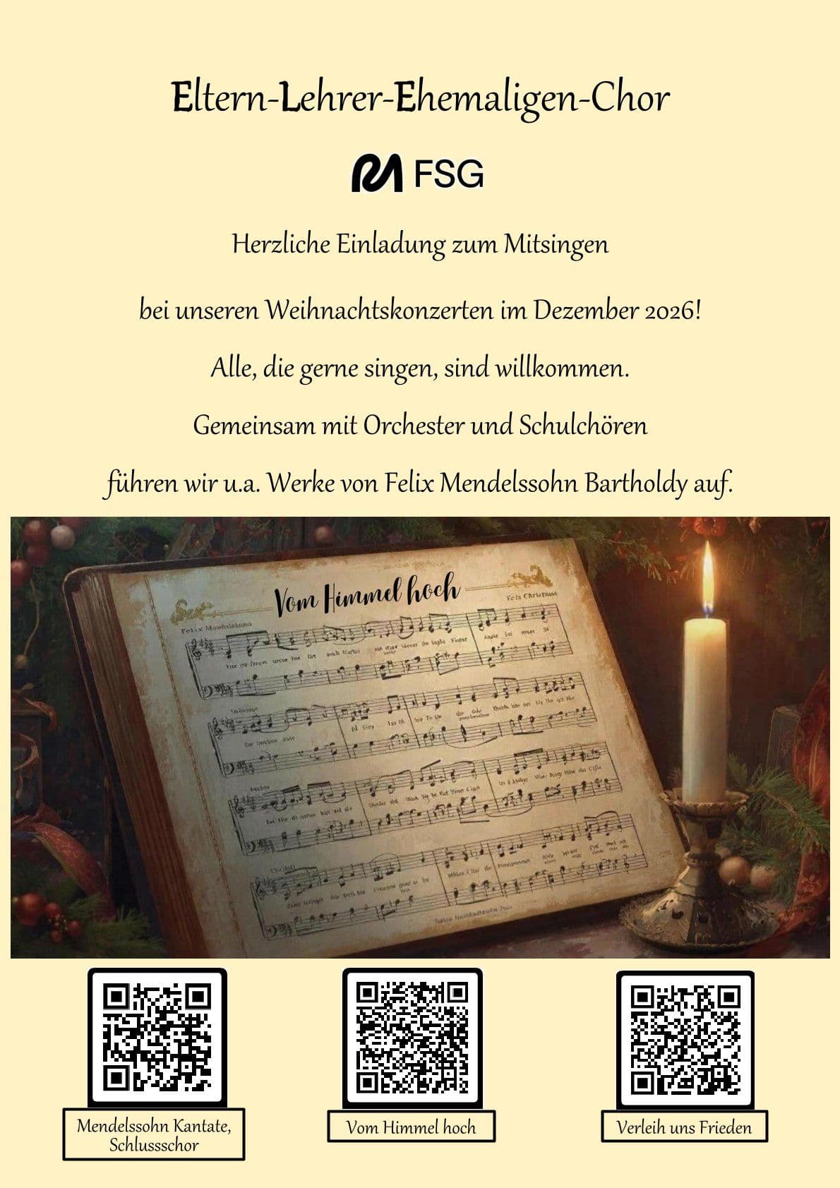 FSG Parents-Teachers-Alumni Choir flyer inviting to Christmas concerts in December 2026 featuring Mendelssohn works. The image displays "Vom Himmel hoch" sheet music, a lit candle, and three QR codes for song excerpts.