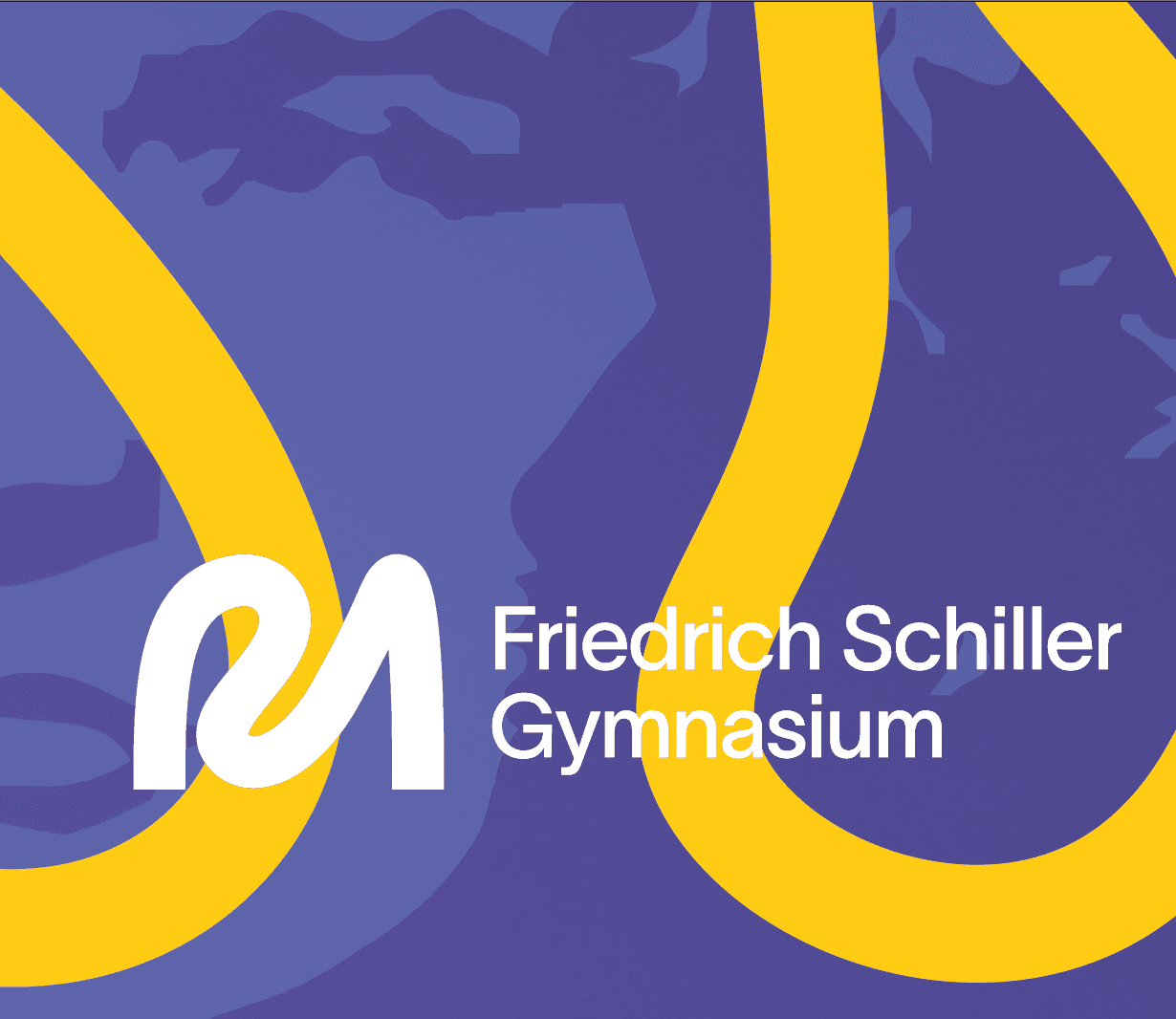 Logo for Friedrich Schiller Gymnasium, featuring a white stylized 'm' monogram and text on a purple background with yellow curved lines.