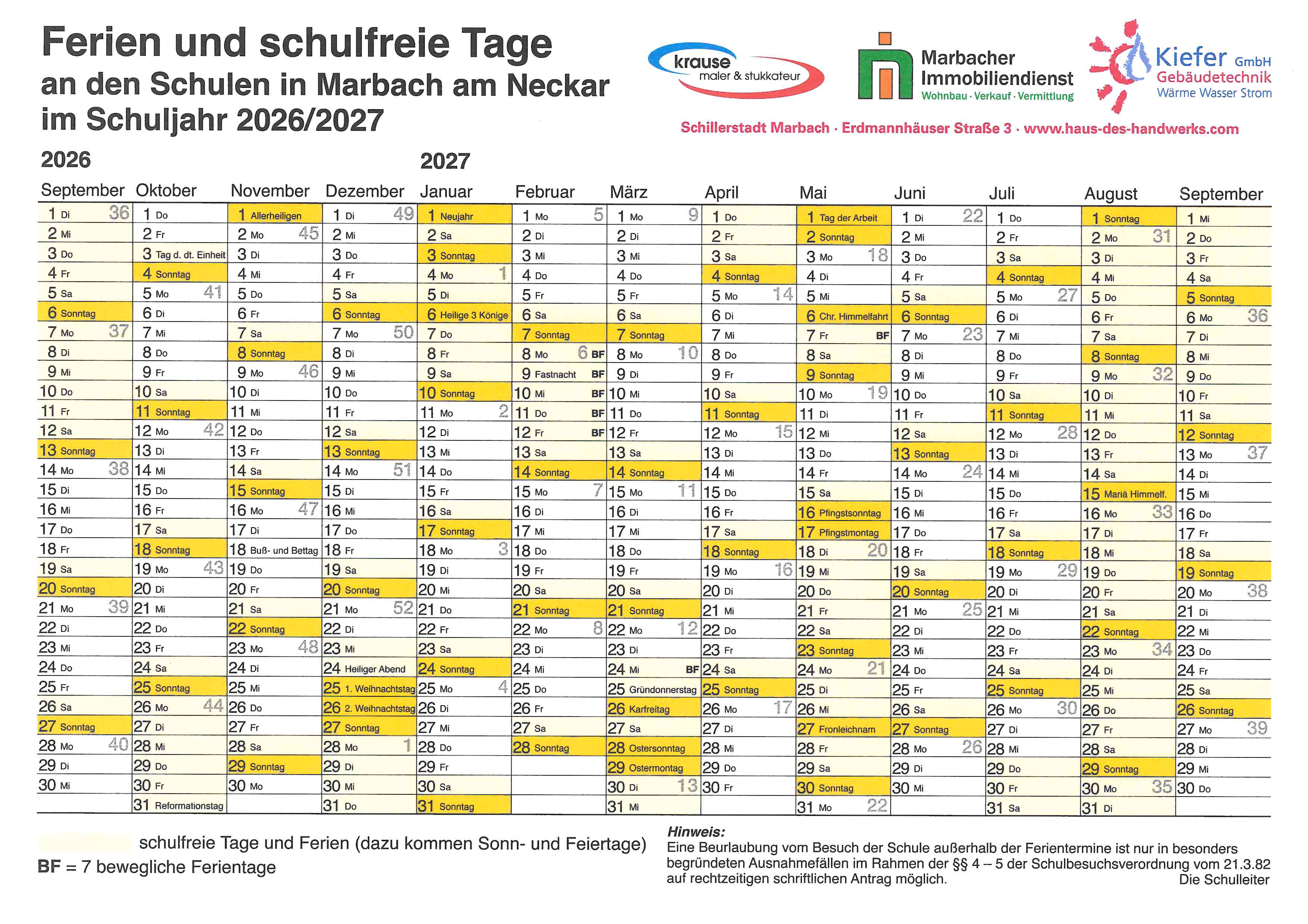 German calendar showing school holidays and free days for Marbach am Neckar schools in the 2026/2027 school year.
