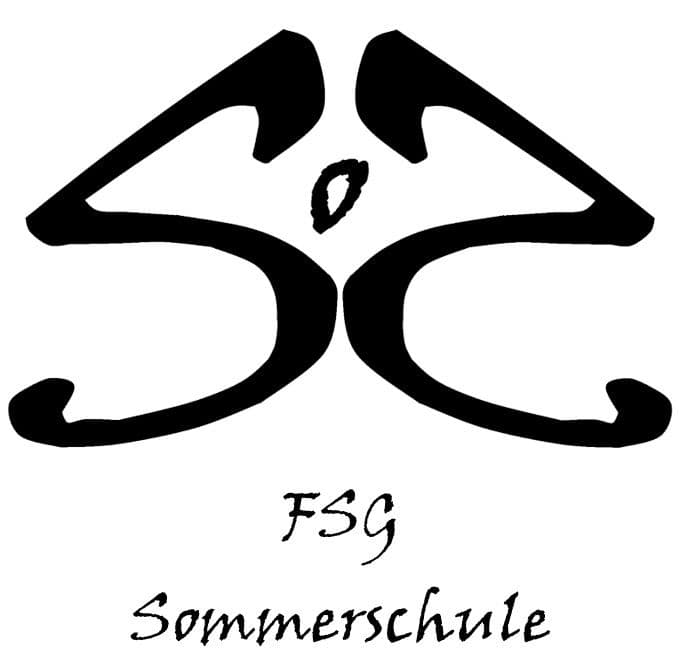 Logos for FSG Sommerschule, featuring a purple abstract symbol and a stylized black graphic.
