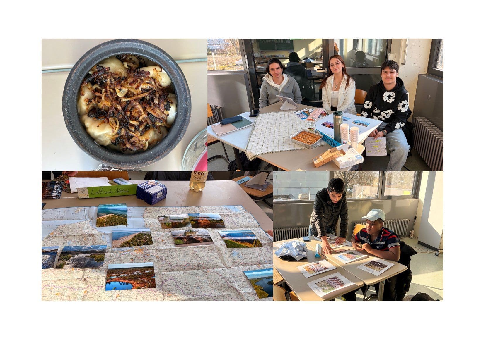 A multi-panel image shows students working on projects with maps and landscape photos, and a close-up of a pot of food topped with fried onions.