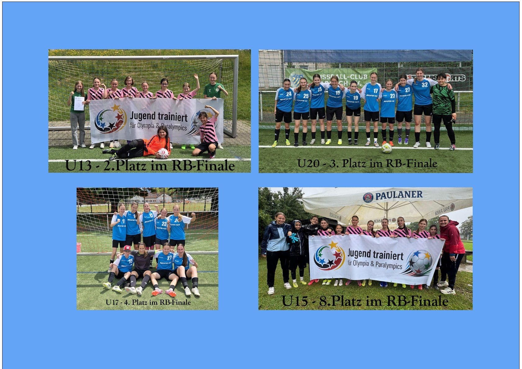 A collage of four photos showing different youth female soccer teams and coaches, some with a "Youth trains for Olympia & Paralympics" banner, celebrating their tournament placements.